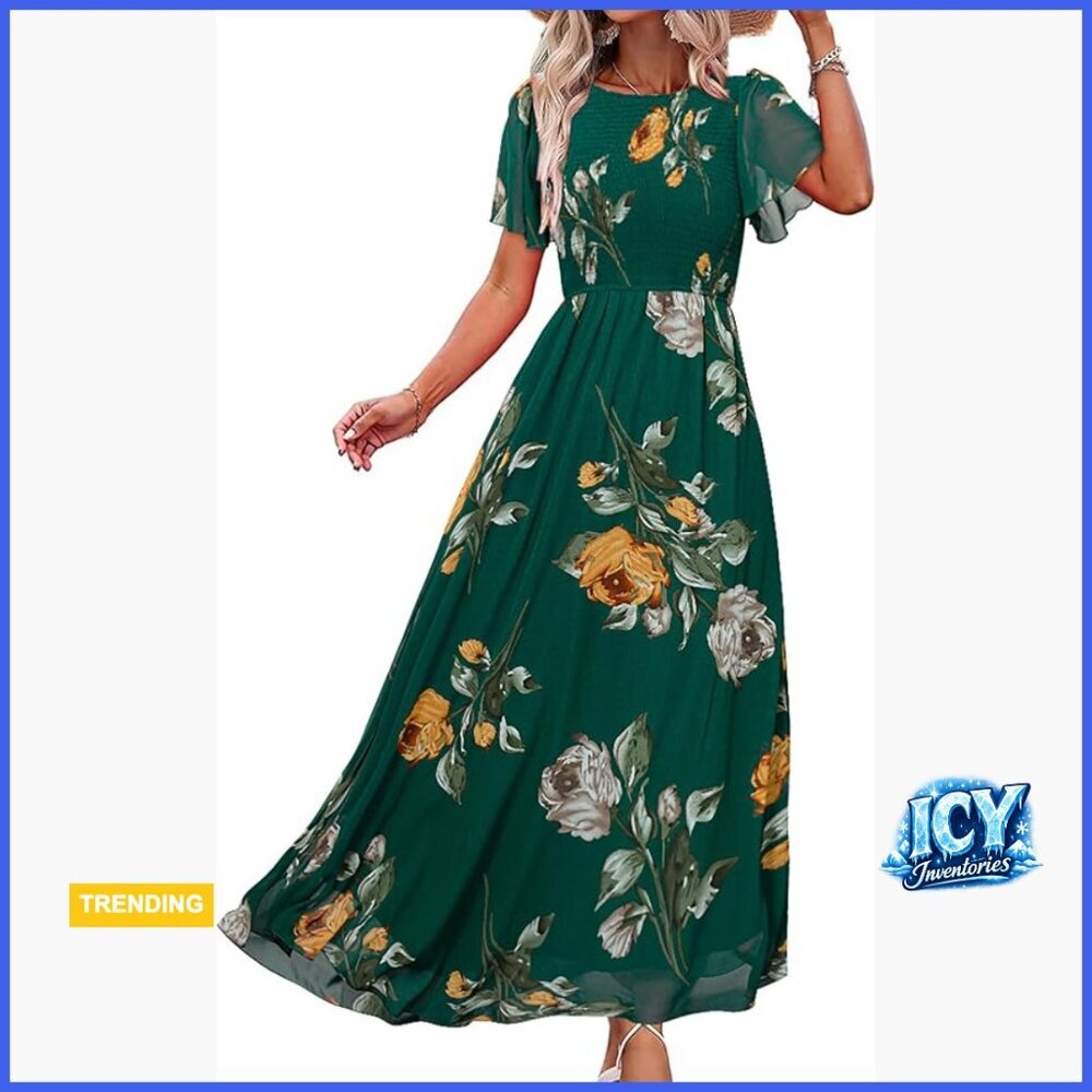 Chiffon Maxi Dress with Smocked Top and Flutter Sleeves